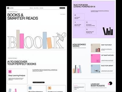 Bookbee—UI/UX Design for AI-Powered Book Discovery Website ai powered ai product book app book discovery book reading book website design edutech landingpage minimal minimal ui online book reading reading app rebrand smart reading ui design ux design web design website design