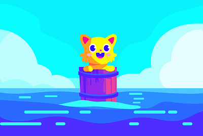 Kitty floating on the sea alone art beach book cartoon cat childrenbook clipart cute flat illustration funny illustration kawii kitty ocean playfull sea summer vector