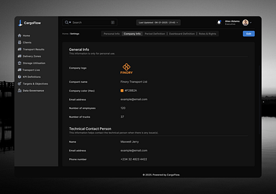 Company Details - Logistics platform company details contact information dark mode dark theme dashboard form logistics nav preferences saas settings ui ui design uiux ux web design