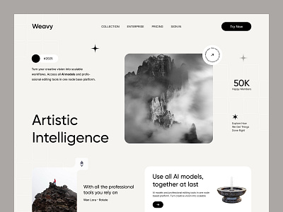 Creative AI, Design Technology, Digital Art Tools aidesignplatform artisticintel blackandwhitedesign cleanlayout creativeai designtoolui futuristicui landingpage minimalwebdesign modernlandingpage monochromedesign nodebaseeditor uiuxinspiration webdesign