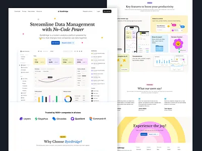 ByteBridge – Smart Data Management Landing Page branding colorfull website data management figma graphic design hero section landing page design logo simple design style guide ui ui design ui ux user interface design website design website ui