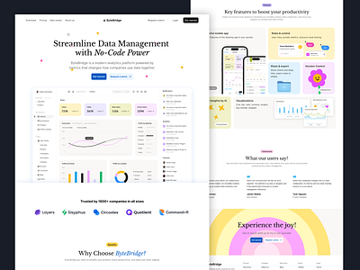 ByteBridge – Smart Data Management Landing Page branding colorfull website data management figma graphic design hero section landing page design logo simple design style guide ui ui design ui ux user interface design website design website ui