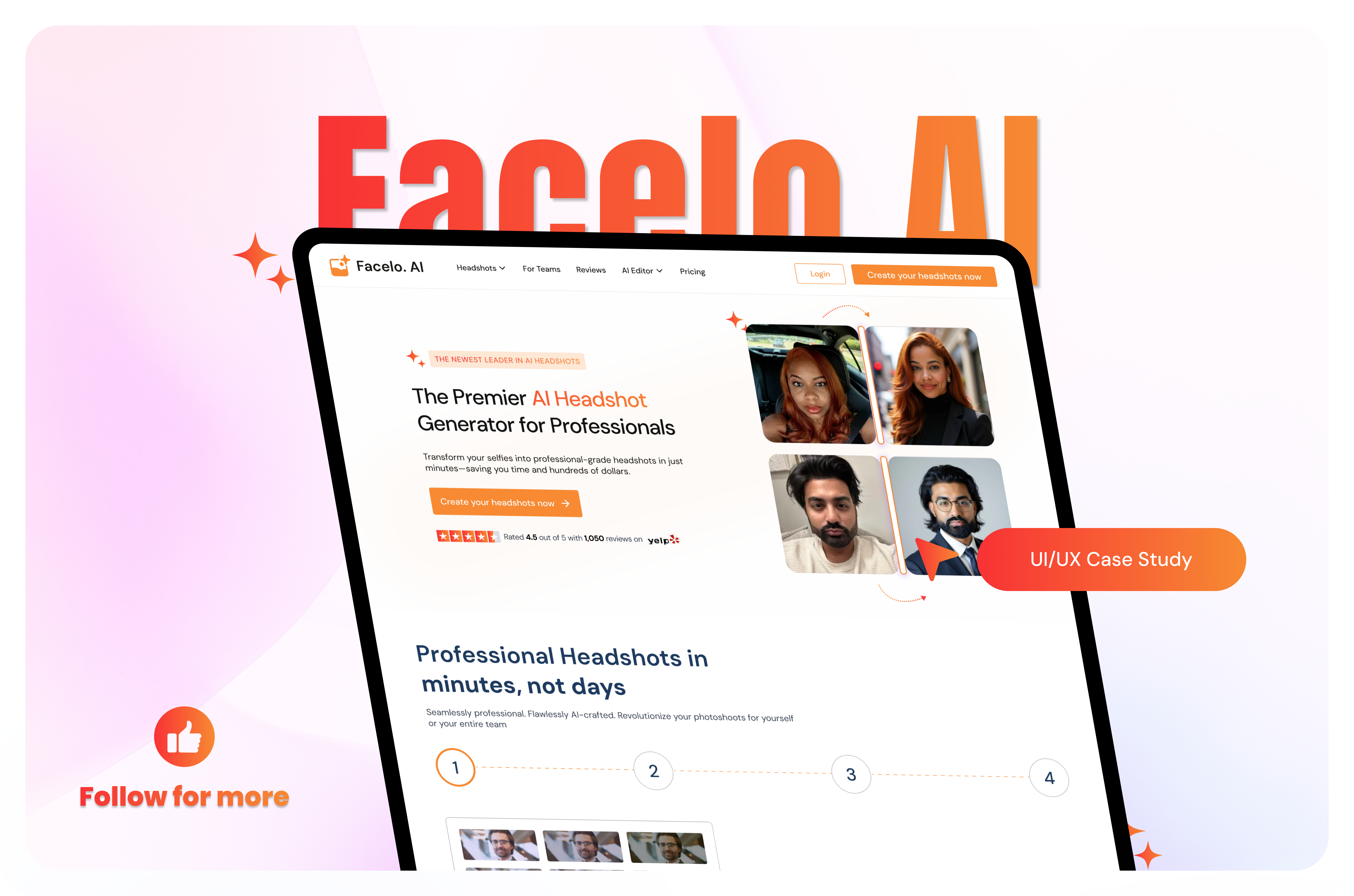 Facelo. AI - Headshot Generator Case Study artificial inteligence design case study figma glass effect landing page modern trendy ui ui ux ux research web design