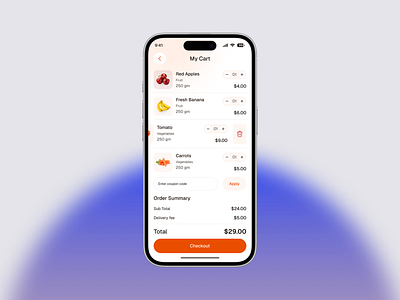 Grocery Mobile App – Cart Page UI add to cart app design cart ui checkout dribbble shot figma design grocery grocery app grocery mobile app grocery mobile app my card grocery shopping groceryapp mobile mobile app product design product details shopping shopping app ui design ux design