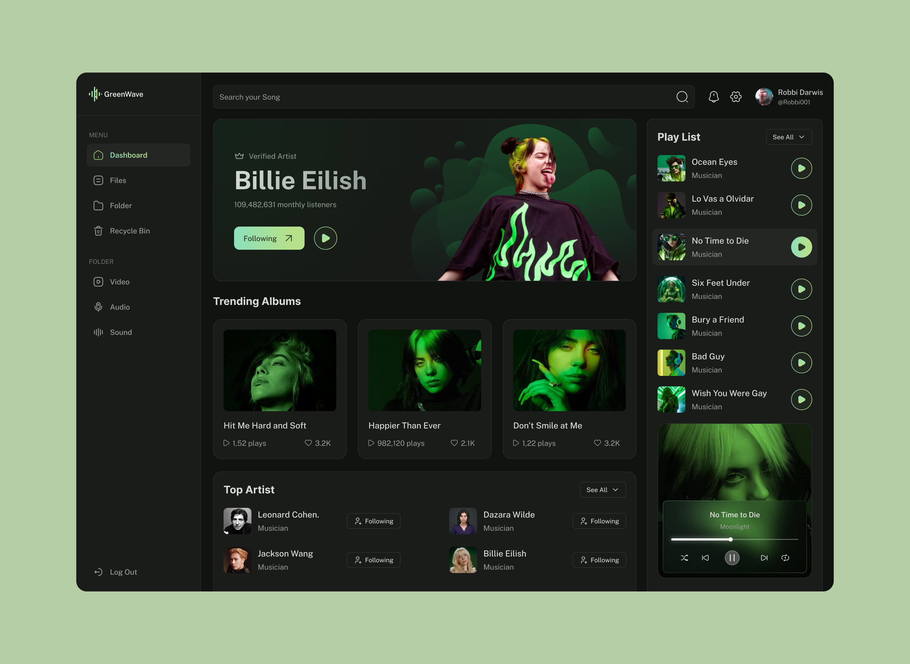 GreenWave Smart Music Dashboard Featuring Billie Eilish admin panal aestheticdesign animation billieeilish crm dailyui dashboard dashboardui design figma interactiondesign landing page saas ui