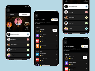Leaderboard and Task Screens - CryptoRank Mini app app design champion coin competition design game leader leaderboards mini game ranking tap2earn telegram game tg app ui ux ux