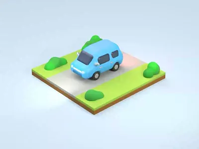 3d blue car with square grass field 3d 3d illustration 3d modeling blue car field grass green low poly vehicle womp