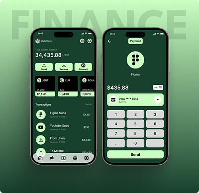 Finance App UI Design app design branding budgeting app dark theme dashboard design finance app financial management green theme mobile app mobile ui money management payment app payment screen ui ui design user interface ux design