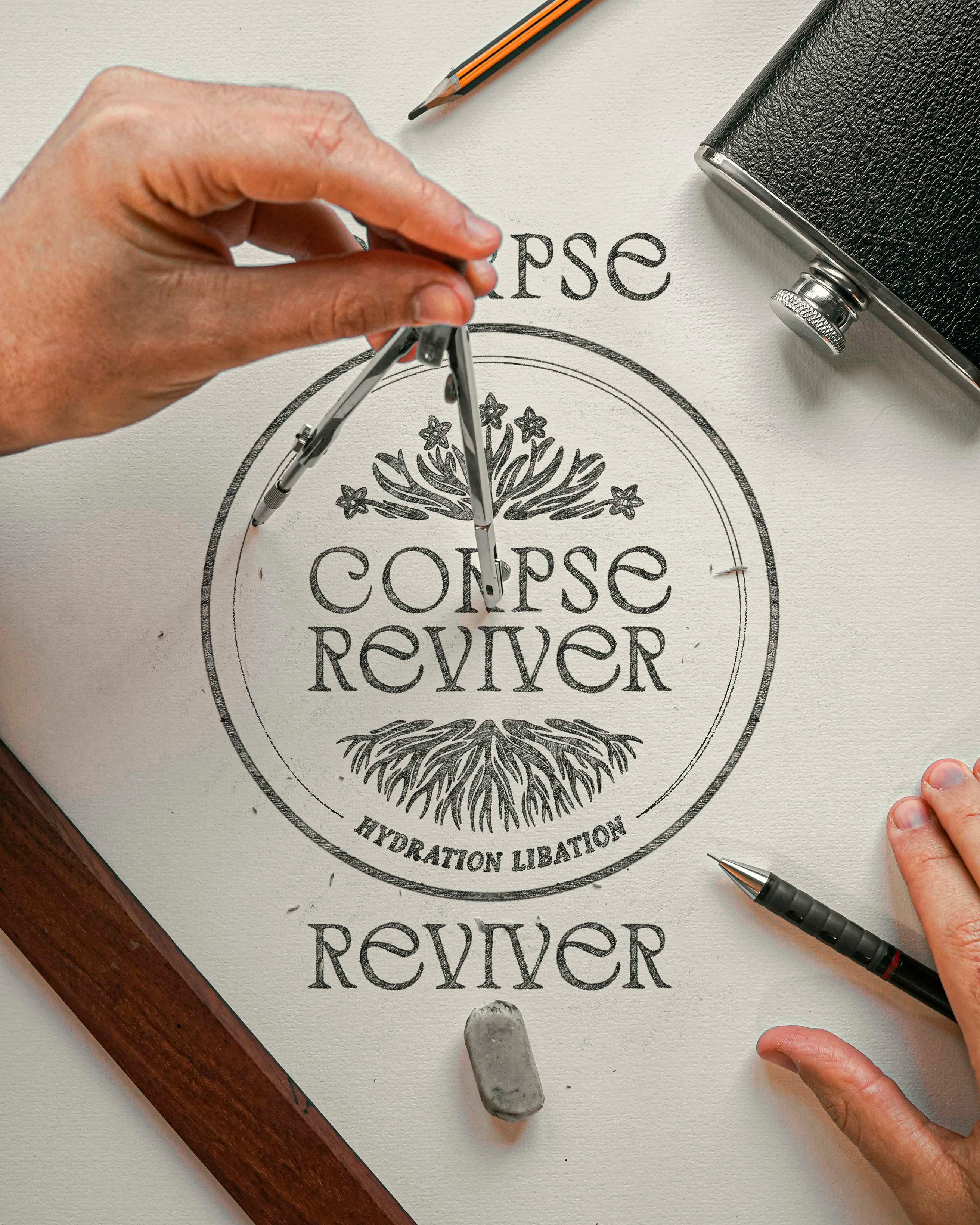 Corpse Reviver Logo Concept badge design beverage logo concept black and white illustration branding corpse reviver emblem design engraving illustration illustration logo logo concept logo design sketch logo pencil sketch vintage illustration