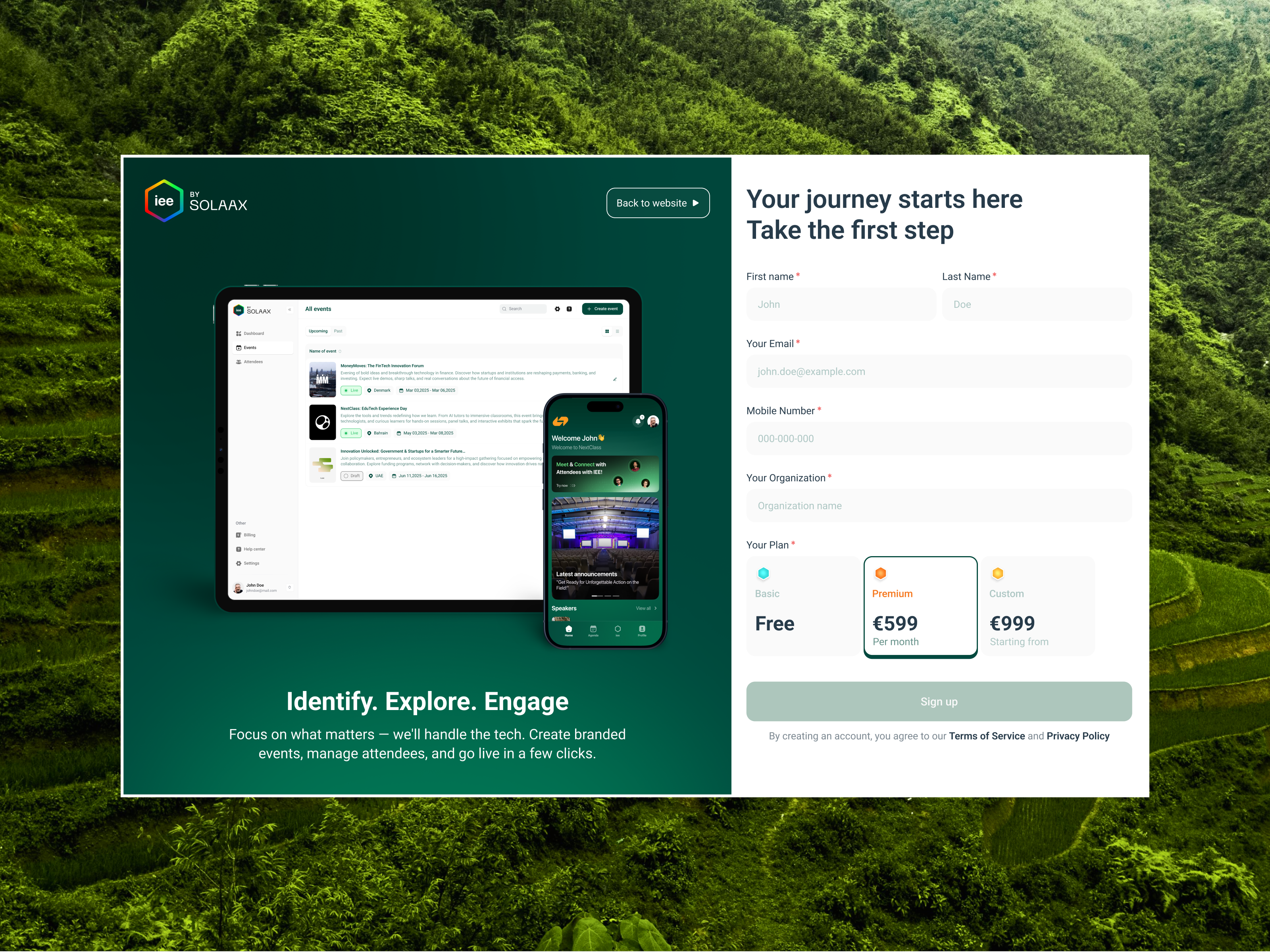 Sign Up | Identify Explore Engage onboarding product design signup ui