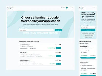HelloGov Courier Marketplace Overview booking booking.com courrier crm document delivery government government courrier hellogov identity verification marketplace matching optimisation passport search search experience search results