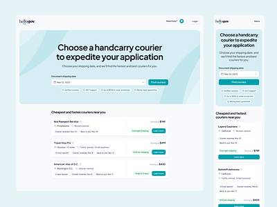 HelloGov Courier Marketplace Overview booking booking.com courrier crm document delivery government government courrier hellogov identity verification marketplace matching optimisation passport search search experience search results