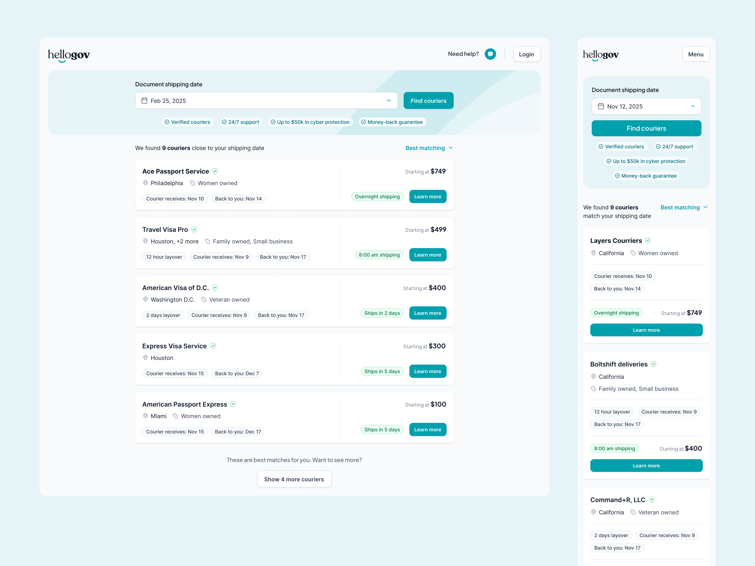 Courier Comparison & Selection Flow booking booking platform courrier marketplace crm government government app government courrier hellogov marketplace passport passport application passport delivery results comparison search search results travel visa