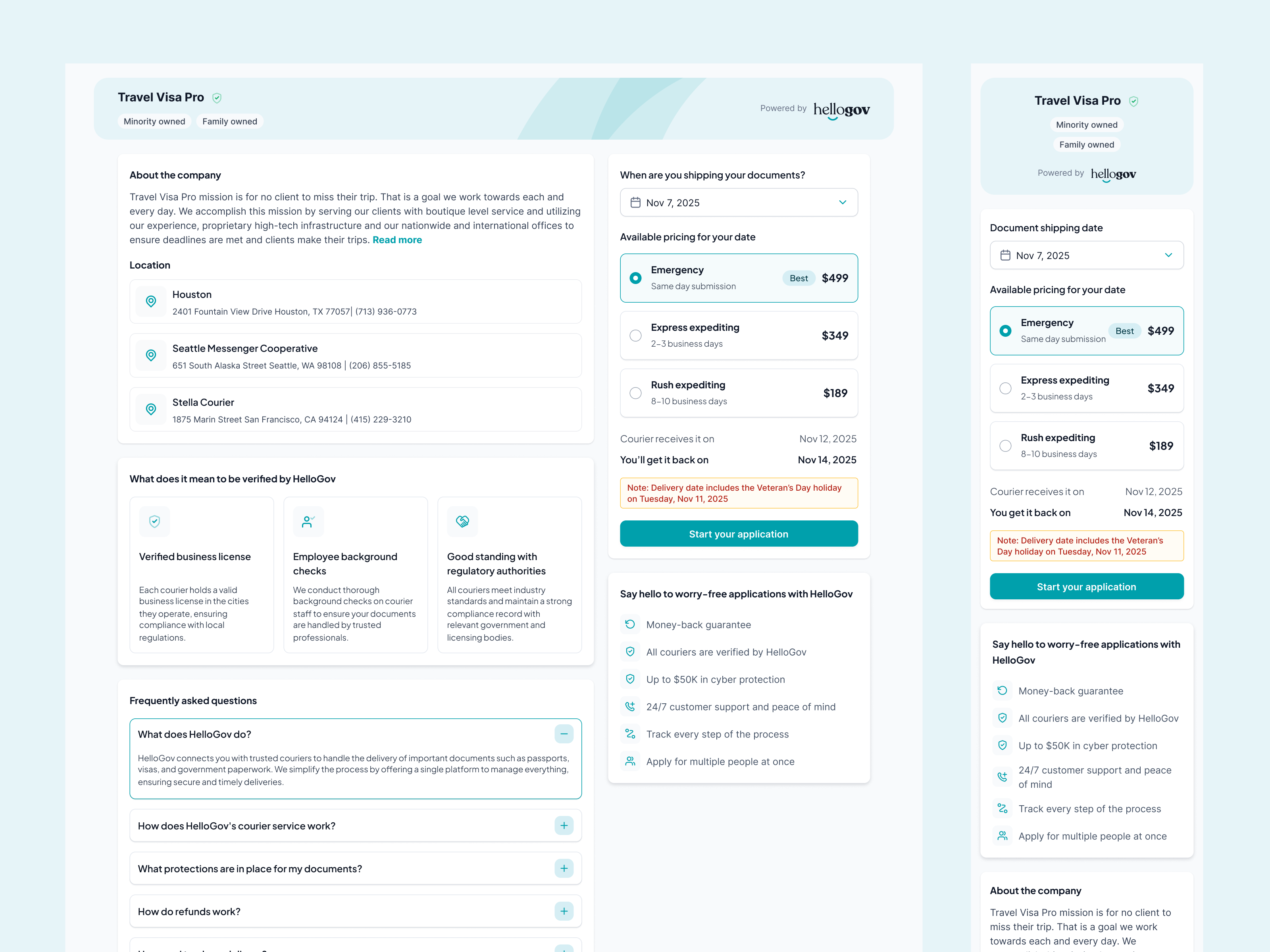 Courier Profile & FAQ Snapshots background check booking compliance courrier faq government hellogov id verification marketplace passport application passport service product page security service page shipping verification verification process