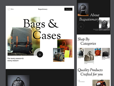 Modern Bags & Cases Store Landing Page UI/UX Design for E-comm app application design branding clean dark ui design design services illustration logo ui