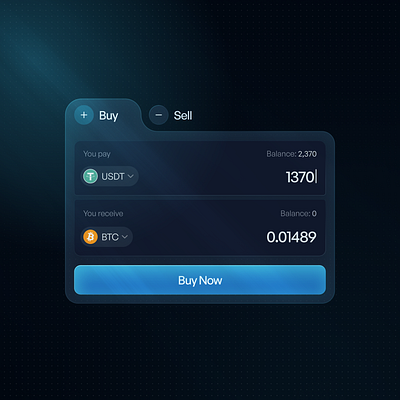 Crypto Buy/Sell Widget UI (Dark Mode) bitcoin blue buysell clean crypto dark glassmorphism stablecoin trading ui usdt ux widget