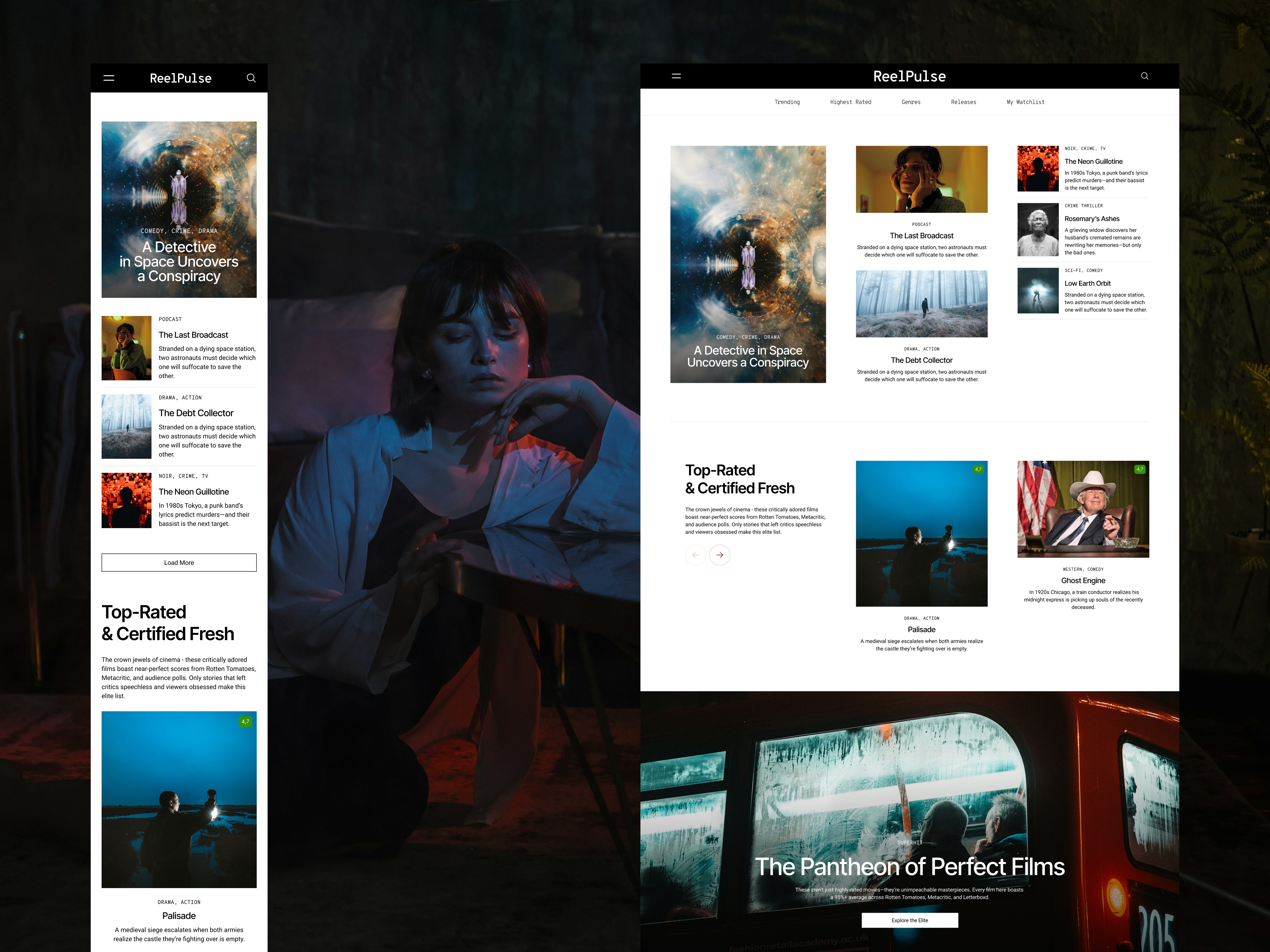 🎬 ReelPulse – Online Film Magazine UI (Mobile & Desktop) clean ui figmadesign filmmagazine filmui freelancedesigner inspiration landing landing page magazine minimaldesign mobile ui mobiledesign moviedesign responsiveui typography ui uidesign ux design web ui