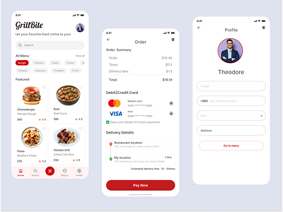 GrillBite Food Delivery App UI/UX Design app design app ui application branding food food delivery mobile app payment profile screen ui uiux ux
