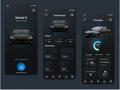 Tesla Model S UI/UX Design app ui application branding car app dark mode interactive mobile app model s ride sharing tesla tesla model s ui uiux ux