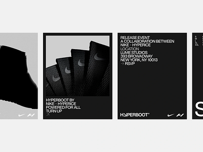 Hyperboot x Nike: Release Campaign advertising black and white brand branding color contrast dark dark tone design graphic design logo nike product design product launch product showcase typo typography