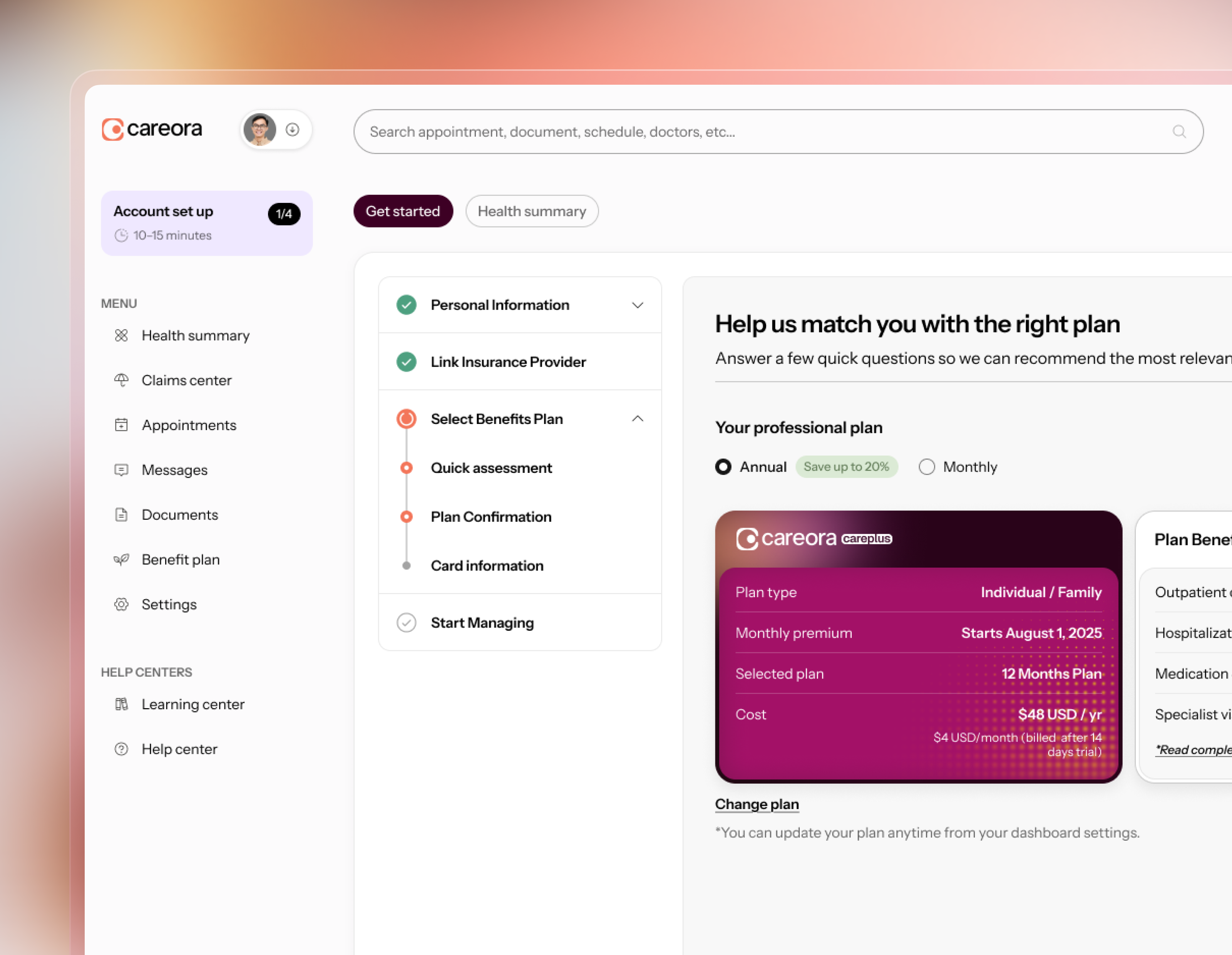 Careora – Health Plan Selection UI cardui cleandesign dashboardinterface healthcareui planselection uxdesign