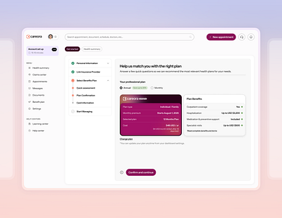 Careora – Health Plan Selection UI cardui cleandesign dashboardinterface healthcareui planselection uxdesign