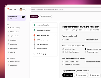 Careora – Health Plan Selection UI cardui cleandesign dashboardinterface healthcareui planselection uxdesign
