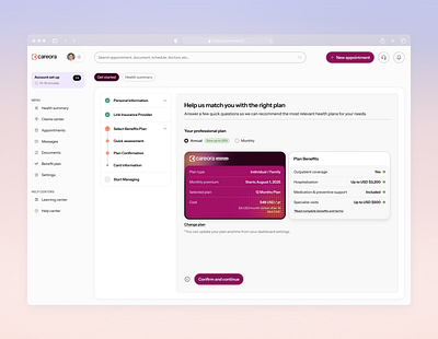 Careora – Health Plan Selection UI cardui cleandesign dashboardinterface healthcareui planselection uxdesign