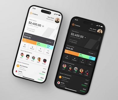 Credora - Light & Dark Mode Fintech Design app design banking budget design digital banking finance finance app fintech fintech app fintech design interface mobile mobile app money product design ui ui design uiux ux visual design