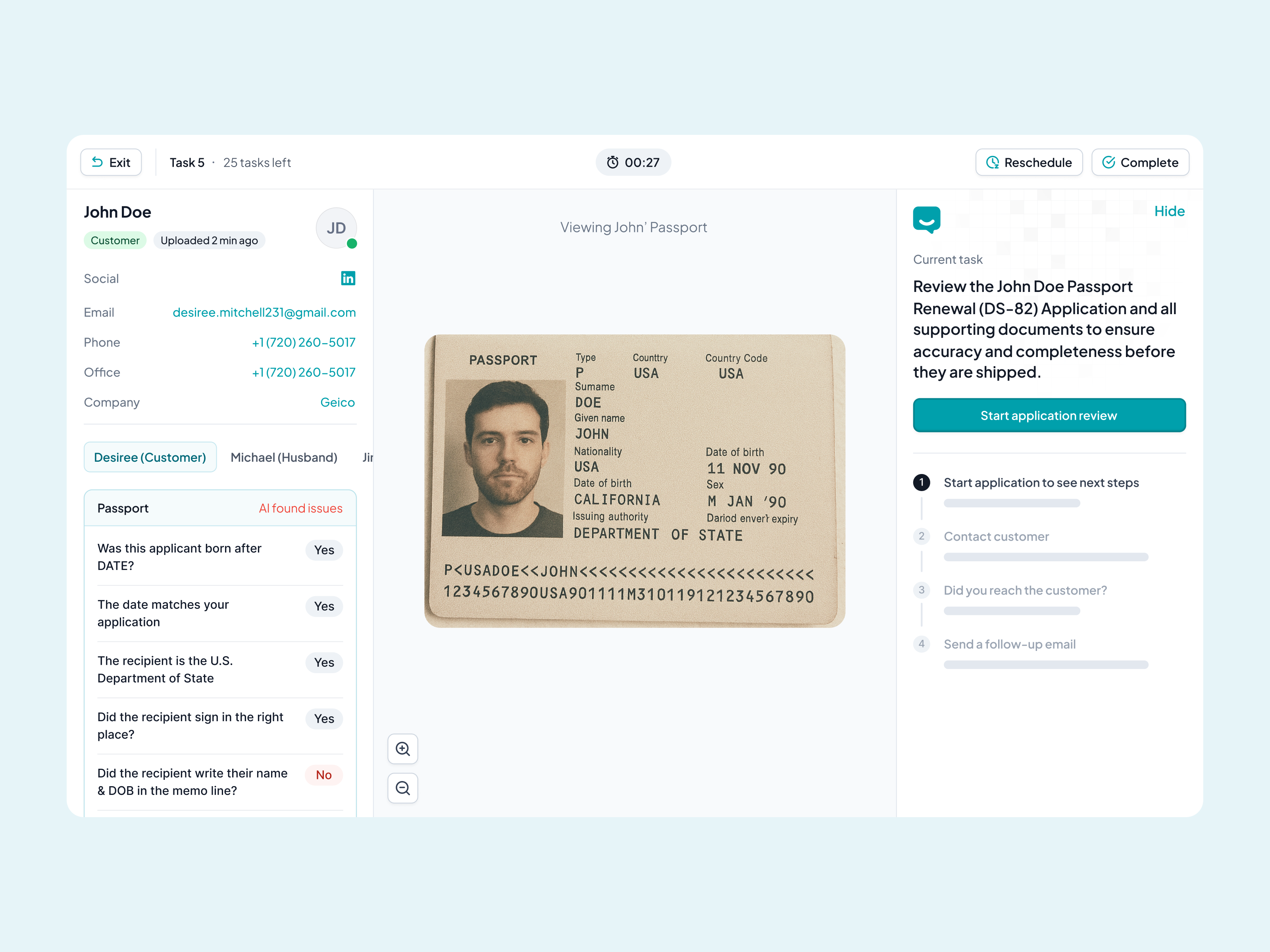 Task Router Passport Review—Guided Ops UX application application review call center crm customer rep customer support document document analysis document review document scan government guided task workflow operations automation ops dashboard passpor review passport passport application task user profile workflow