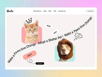 Woofie – Pet Adoption Hero Section Design adoptdontshop animalshelter creativelayout cutedesign figma herosection pastelcolors petadoption uiuxdesign webdesign