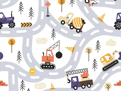 Collection of cute construction vehicles art cars cute design diggers flat design illustration kids pattern tractor