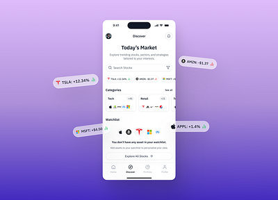 Stock Trading App – Discover Page UI assets branding crypto dailyui design explore figma fintech investment app marketing mobile app product design profit stock stock market stock trading trading ui ux