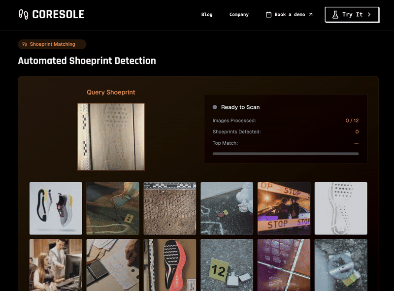 CoreSole™ – Shoeprint detection and matching AI (animation) ai footwear government law enforcement police public safety saas shoe shoeprint