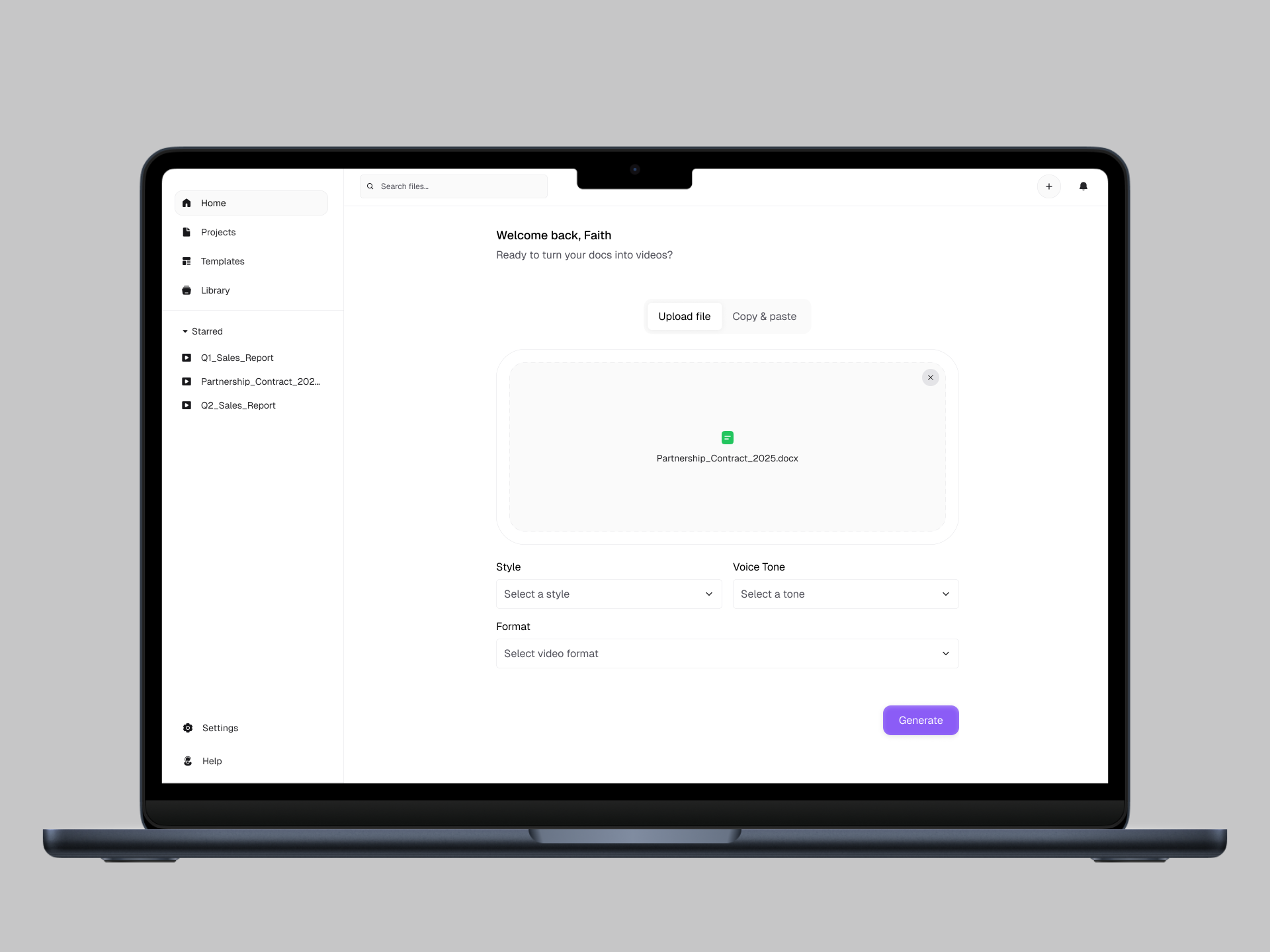 New doc to video ai artificial intelligence daily ui dashboard design document ui upload video