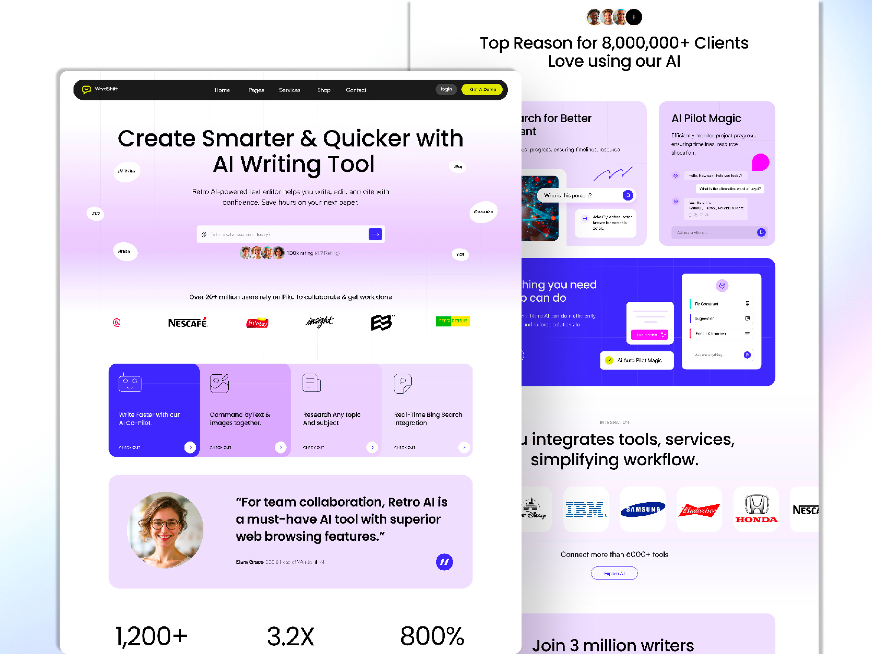 WordShift – AI Writing Tool UI/UX Design 3d animation branding design figma figma design graphic design illustration landing page landing page design modern ui ui design uiux user experience user interface ux design web web design xd