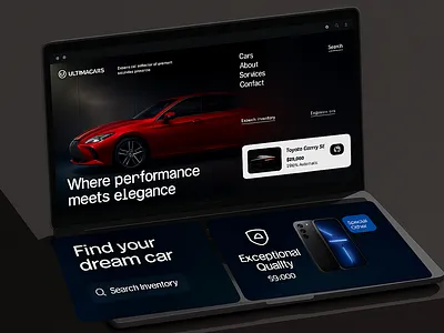 Modern Car Dealership UI Concept on Foldable Dual-Screen Device 3d animation automotiveux brand branding cardboard darkmodeui design direction foldabledevice futuristicui graphic design illustration interactivedesign logo luxurydesign moderninterface motion graphics ui uiuxdesign