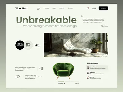 Unbreakable Elegance — Timeless Furniture UI Design clean ui design inspiration ecommerce ui figma design furniture design furniture store gradient green hero design home decor ui interior design landing page minimalistic design modern design product landing page shopify uidesign wakia web design website design