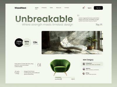 Unbreakable Elegance — Timeless Furniture UI Design clean ui design inspiration ecommerce ui figma design furniture design furniture store gradient green hero design home decor ui interior design landing page minimalistic design modern design product landing page shopify uidesign wakia web design website design