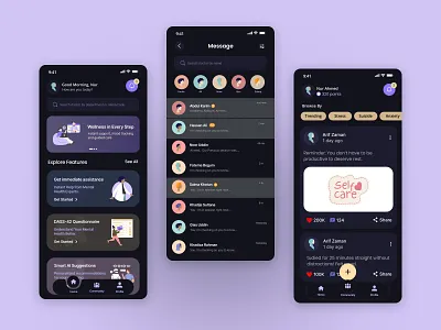 Mindnest Mental Health App Design application dark dark app dark theme dark ui design medical mental health mentalhealth mobile mobile app mobile ui night mode psychologist therapy ui uiux user experience user interface ux