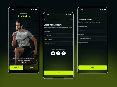Daily UI Challenge – Day 1 100daysofui dailyu designinspiration dribbbleshots fitapp fitnessapp loginscreen mobileappdesign registerui ui uichallenge uidesign
