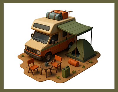 Cozy Camp Life 3d 3d campervan 3d design 3d illustration 3d object 3d vector camp camp life camp vector campervan campervan life campervan vector camping cozy camp cozy life digital illustration miniature vector 3d