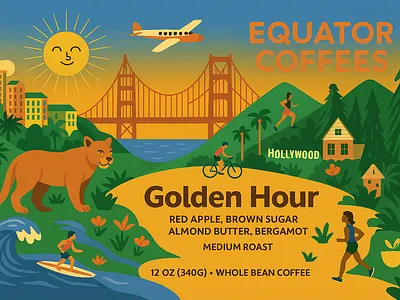 Golden Hour Coffee – Vibrant California Lifestyle Packaging Desi 3d animation brand branding californiaart cardboard coffeebranding colorfuldesign design direction equatorcoffees goldenhour graphic design illustration lifestylebranding logo motion graphics mountainlionillustration surferart ui