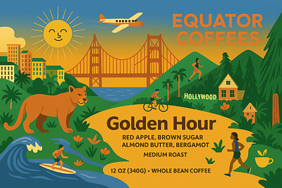 Golden Hour Coffee – Vibrant California Lifestyle Packaging Desi 3d animation brand branding californiaart cardboard coffeebranding colorfuldesign design direction equatorcoffees goldenhour graphic design illustration lifestylebranding logo motion graphics mountainlionillustration surferart ui