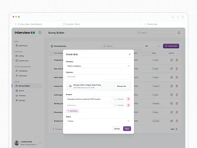 Interview Dashboard – Create Quiz Modal assessment dialog drag and drop form interview dashboard job assessment minimal saas modal modal design ui modern quiz builder recruiter responsive saasfactor survey builder ui top design agency ui design web app workflow