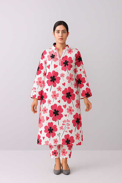 bold fuchsia flowers and playful hearts, creating a sweet look online ethnic clothing
