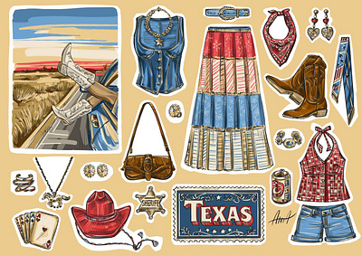 Texas Cowgirl Sticker Pack art bitmapgraphic branding design digitalart digitalillustration graphic design illustration logo sticker stickerdesign stickerpack