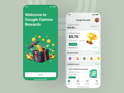 Onboarding & Homes For Google Reward App UI Design google app homepage mobile dashboard mobileonboarding mobilequiz rewardbasedapp rewardsapp splashscreen