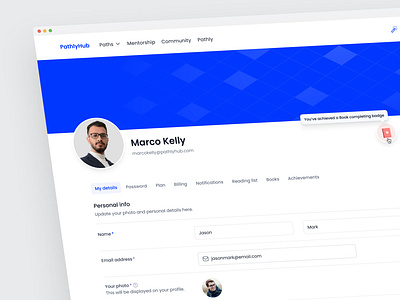 Modern Dashboard UI UX – Profile Editing Page achievementdesign badgeui cleanui dashboard designinspo edtech figma gamification learningplatform lms microinteractions modernui productdesign profilepage ui userexperience userprofile uxdesign webapp