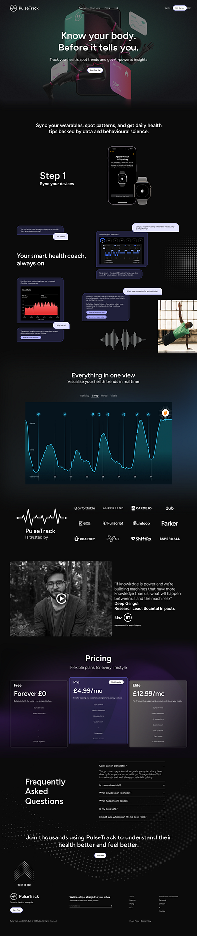 Pulse Track app borderless dark dashboard futuristic health pulse scrollable tech track uiux wearable web web design